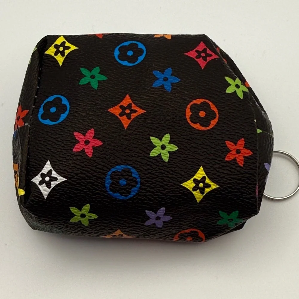 Monogram Coin Pouch Keychain Holder Multi Color‎ Flowers Black